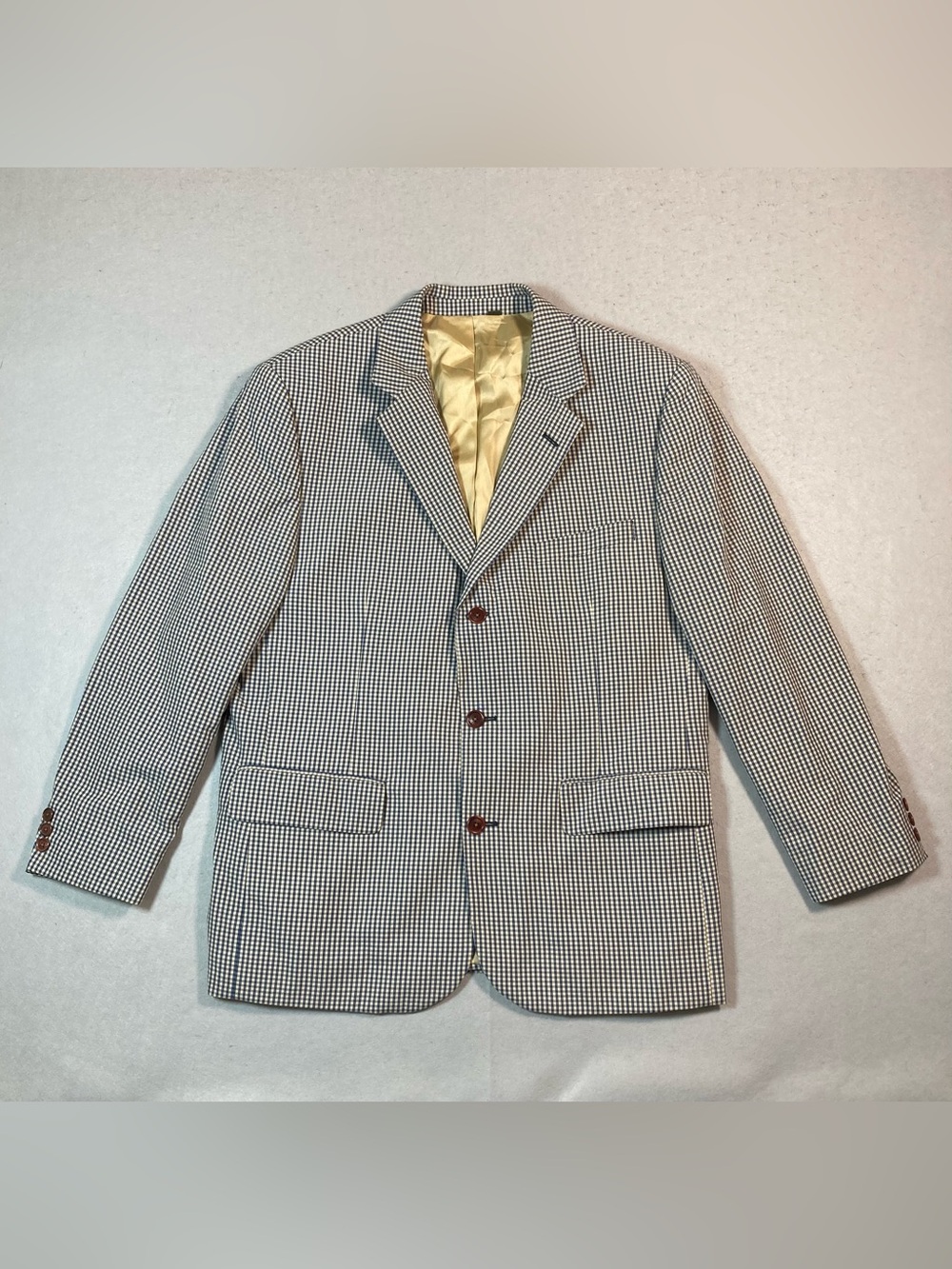 Orvis Gingham Check Blue Beige Blazer Jacket Sport Coat Mens 42R Cotton - Poly